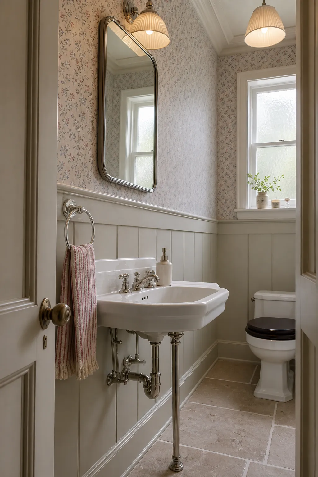 Classic powder room with painted wainscoting and delicate floral paper