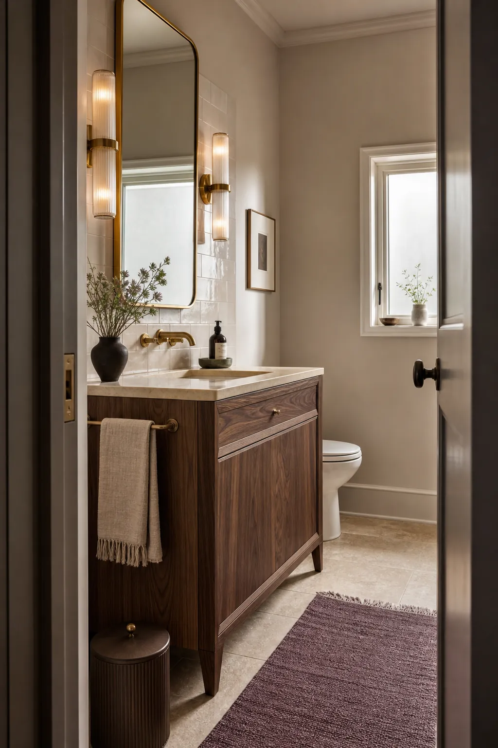 Elegant half bathroom with layered stone, walnut, brass, and soft lighting