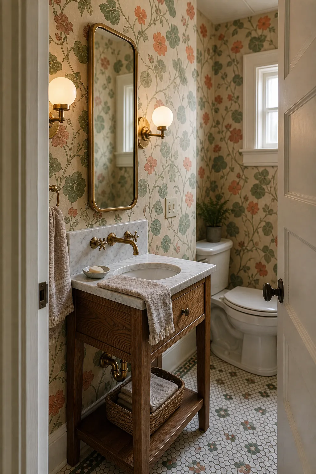 Elegant half bathroom with botanical wallpaper and a slim brass mirror