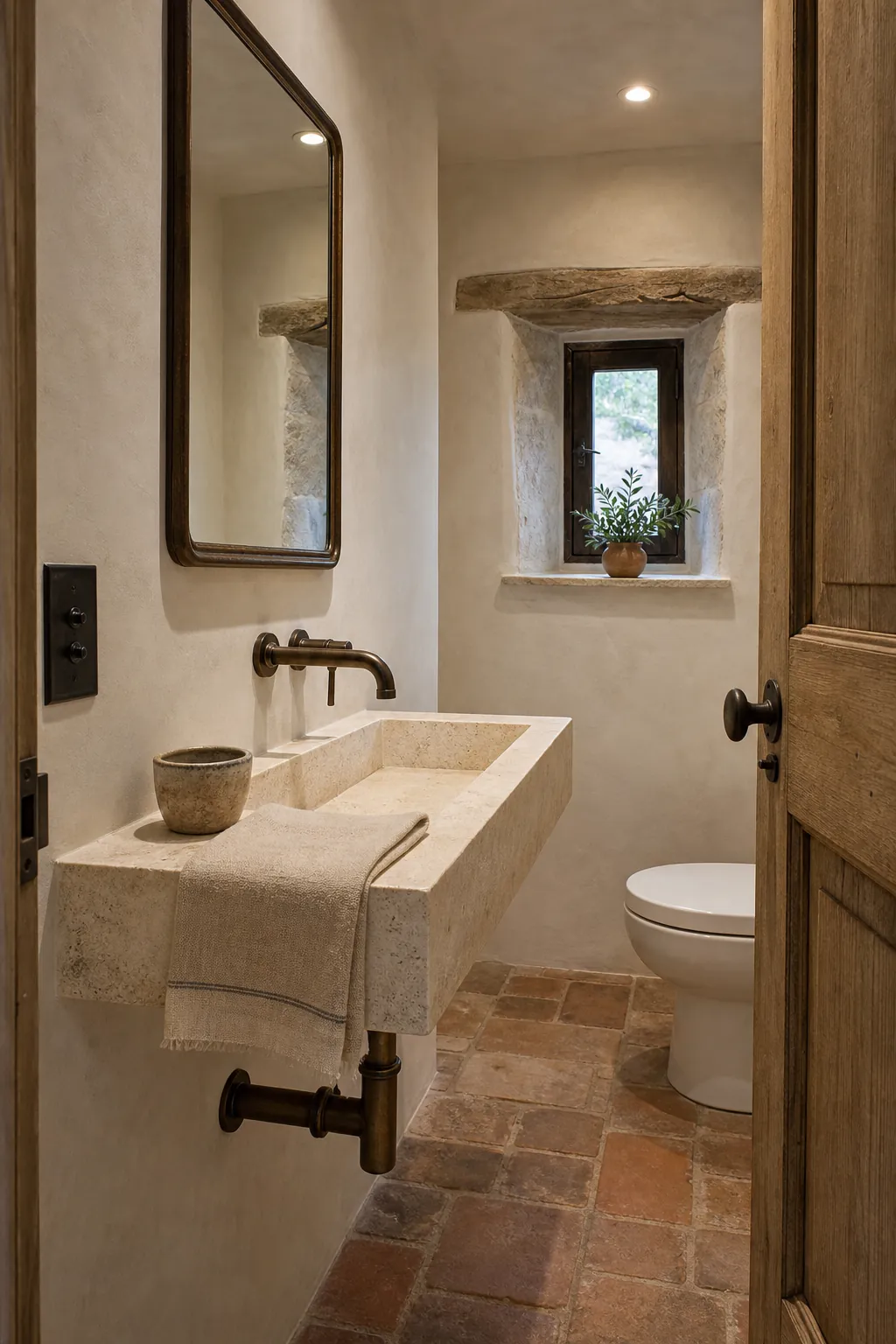 Minimal elegant half bath with a floating stone sink and limewash walls