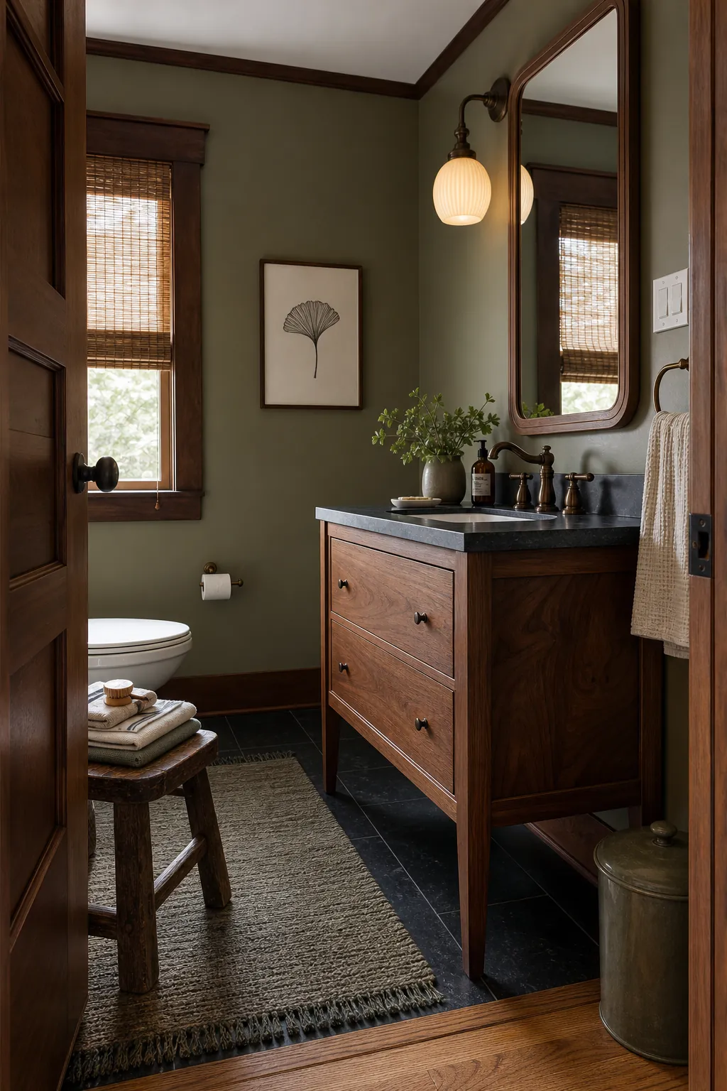 Elegant half bath with a walnut furniture-style vanity