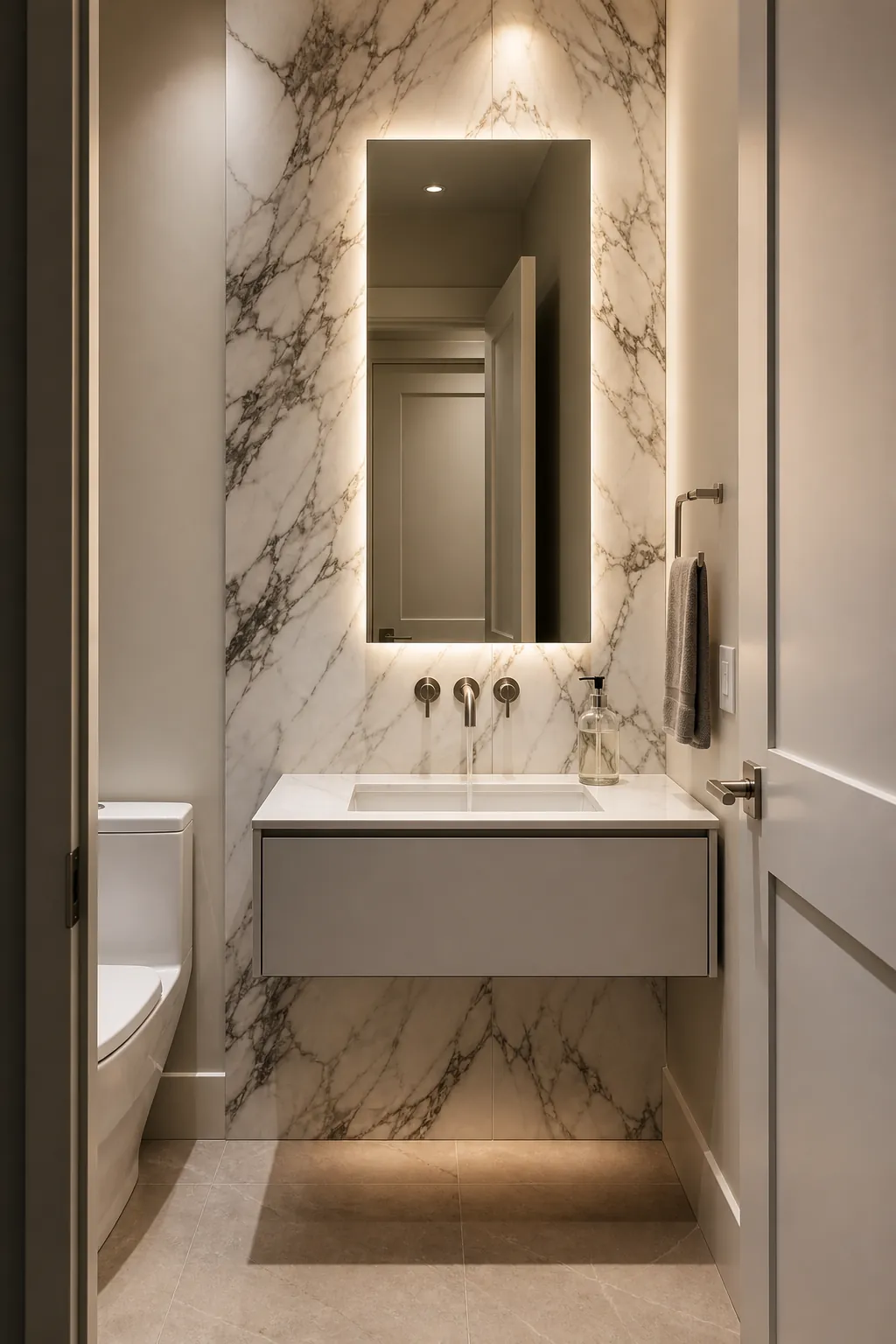 Modern luxury powder room with a dramatically veined stone backsplash
