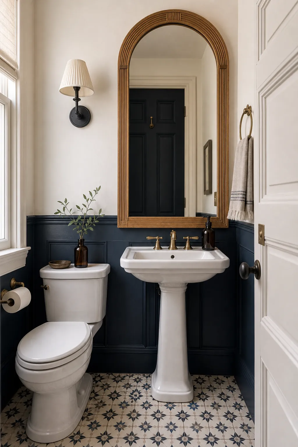 Elegant half bathroom with a tall arched statement mirror