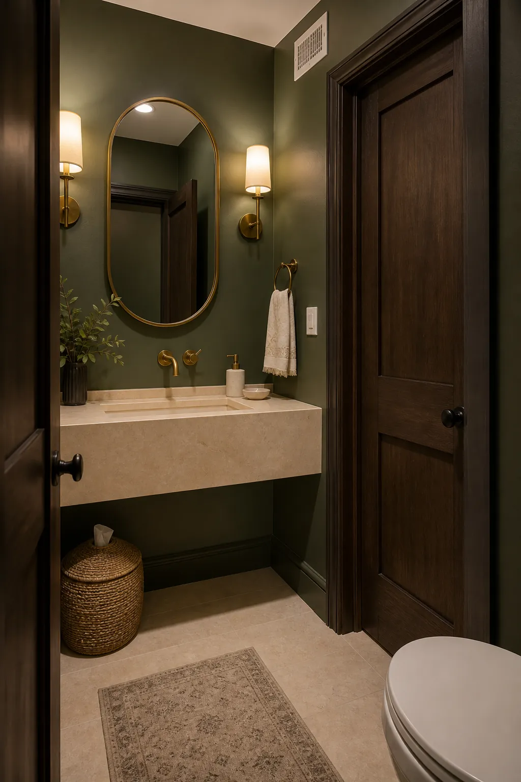 Moody green elegant half bathroom with cream stone and aged brass