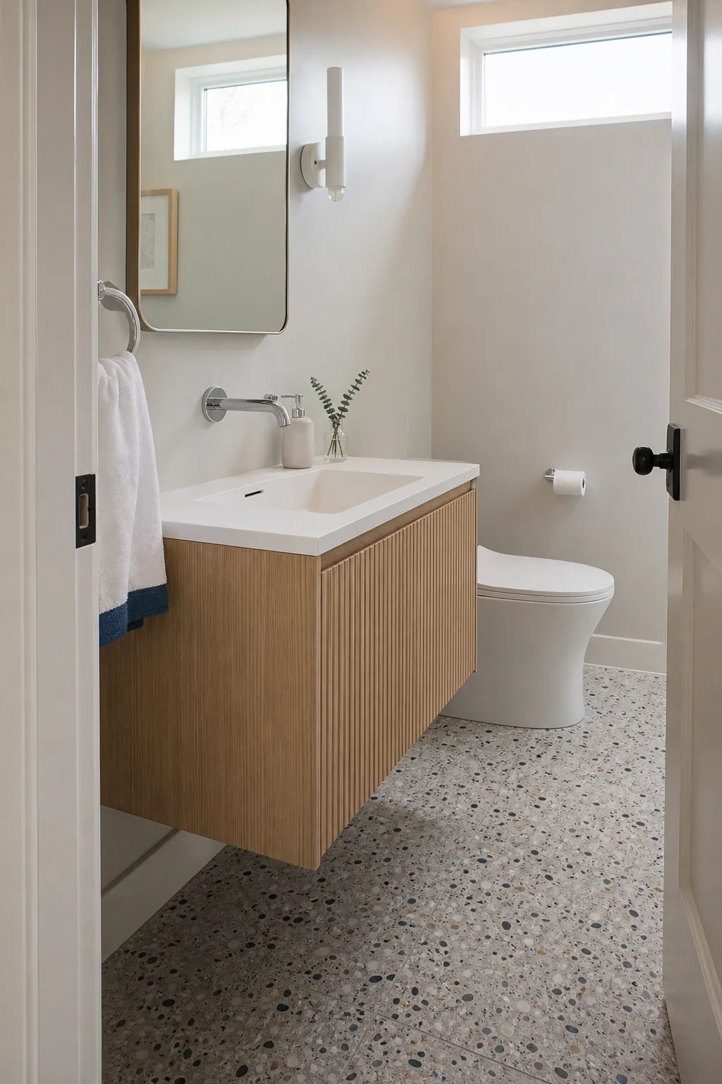 Contemporary half bath with a reeded oak vanity front