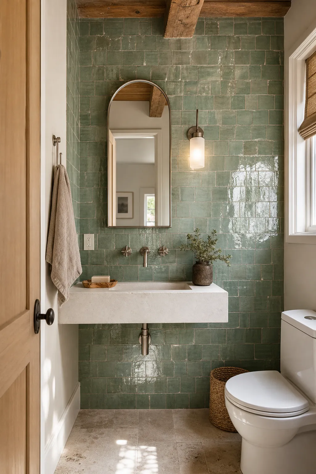 Elegant half bath with glossy handmade zellige tile to the ceiling