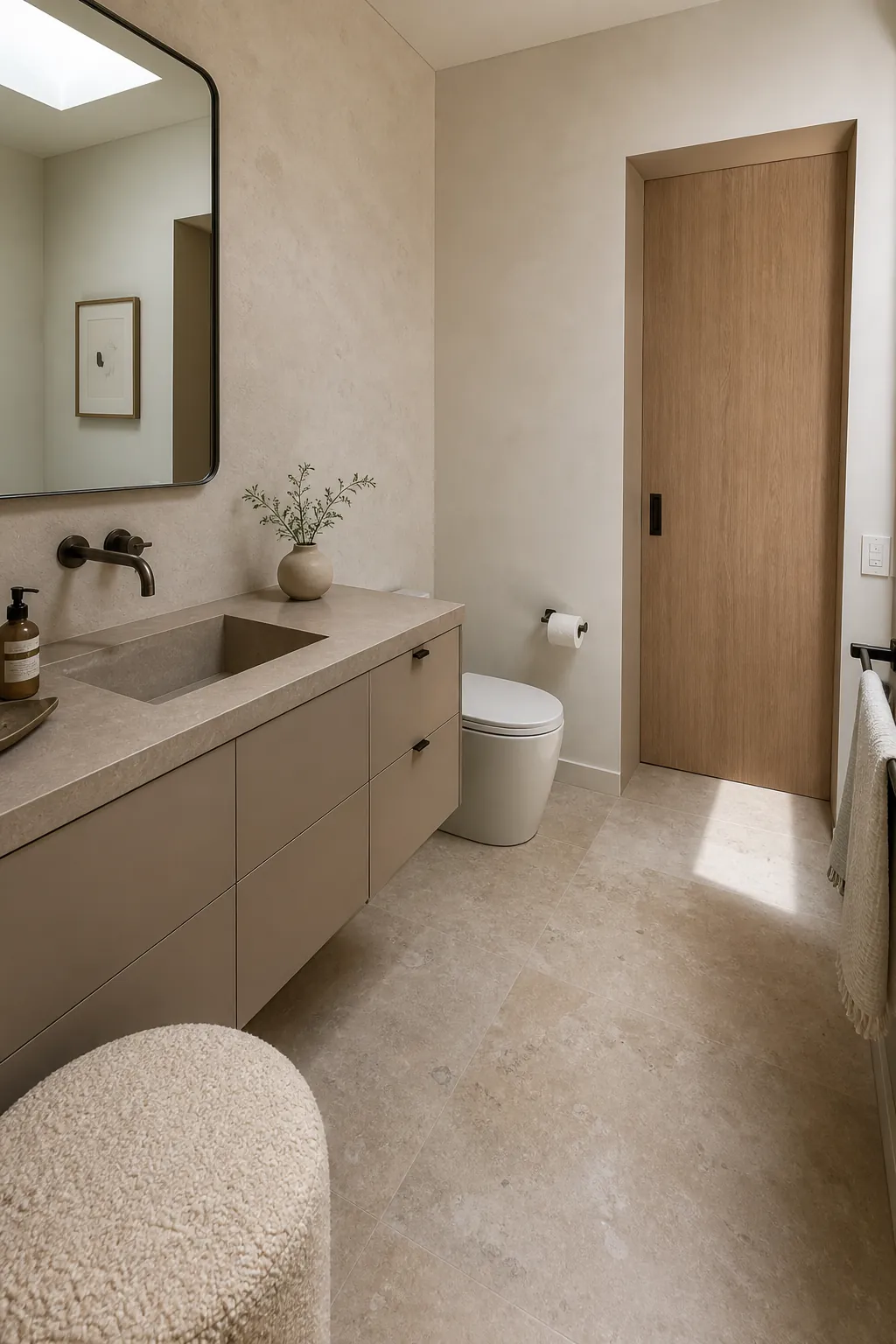Monochrome stone half bathroom in layered warm neutral tones