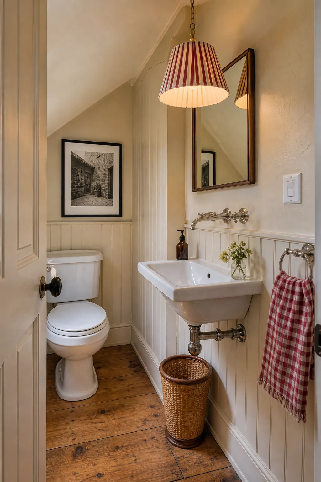 Charming powder room with a small pleated fabric pendant