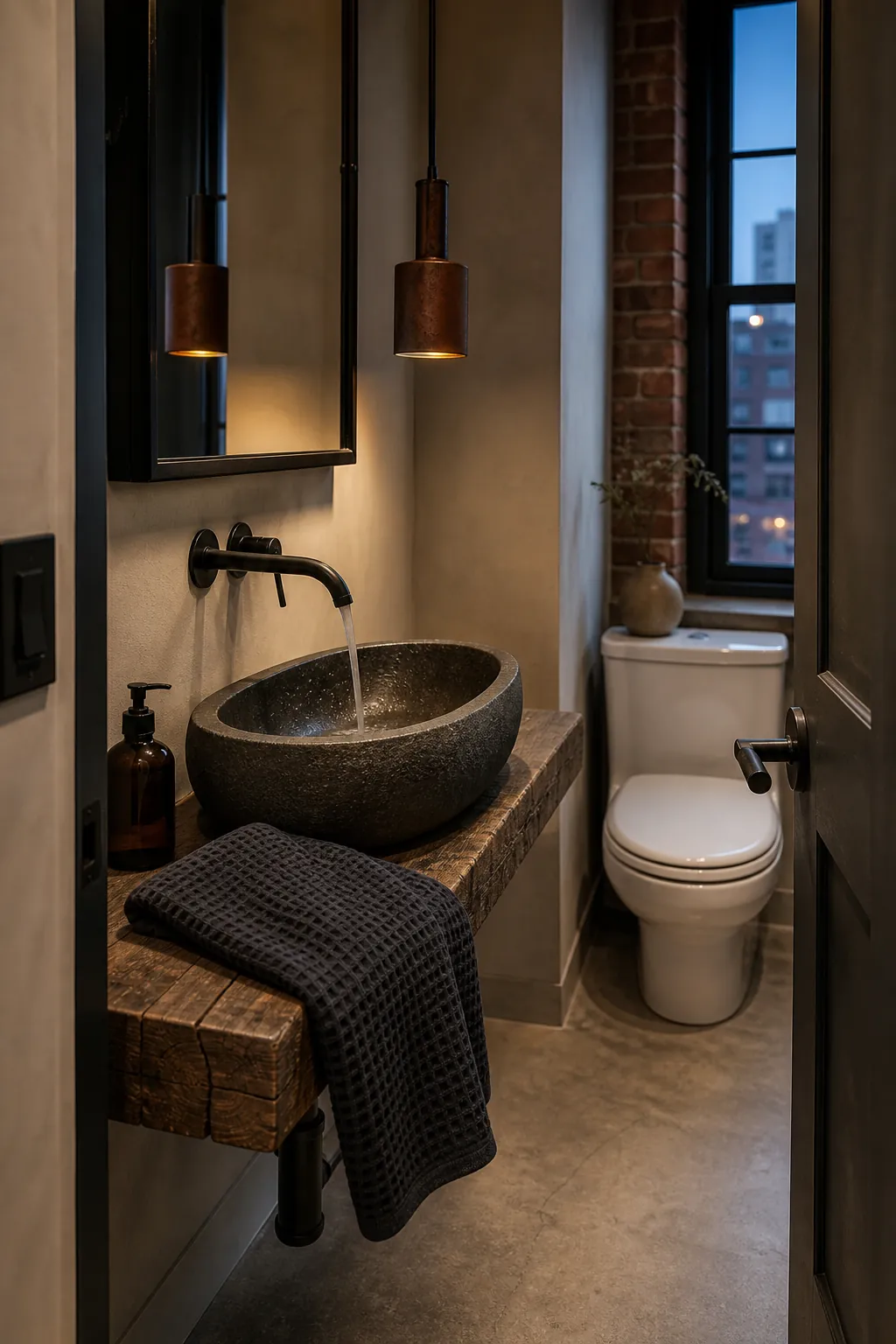 Sophisticated half bathroom with a sculptural stone vessel sink