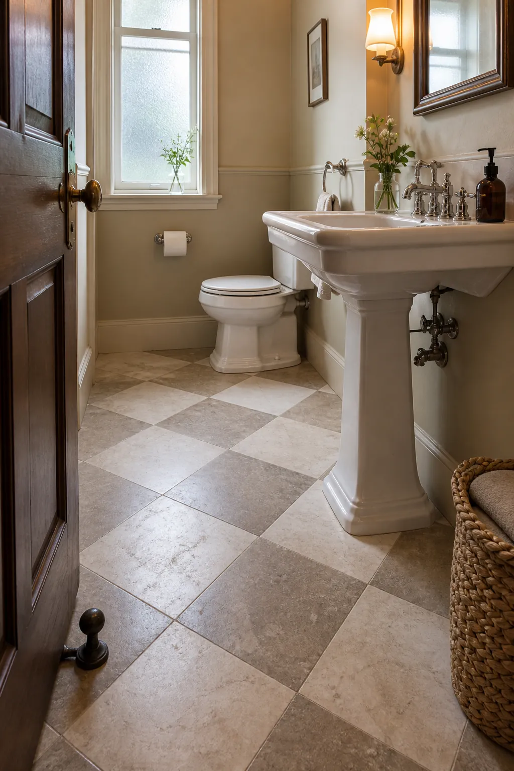 Elegant half bath with softly contrasting checkerboard stone flooring