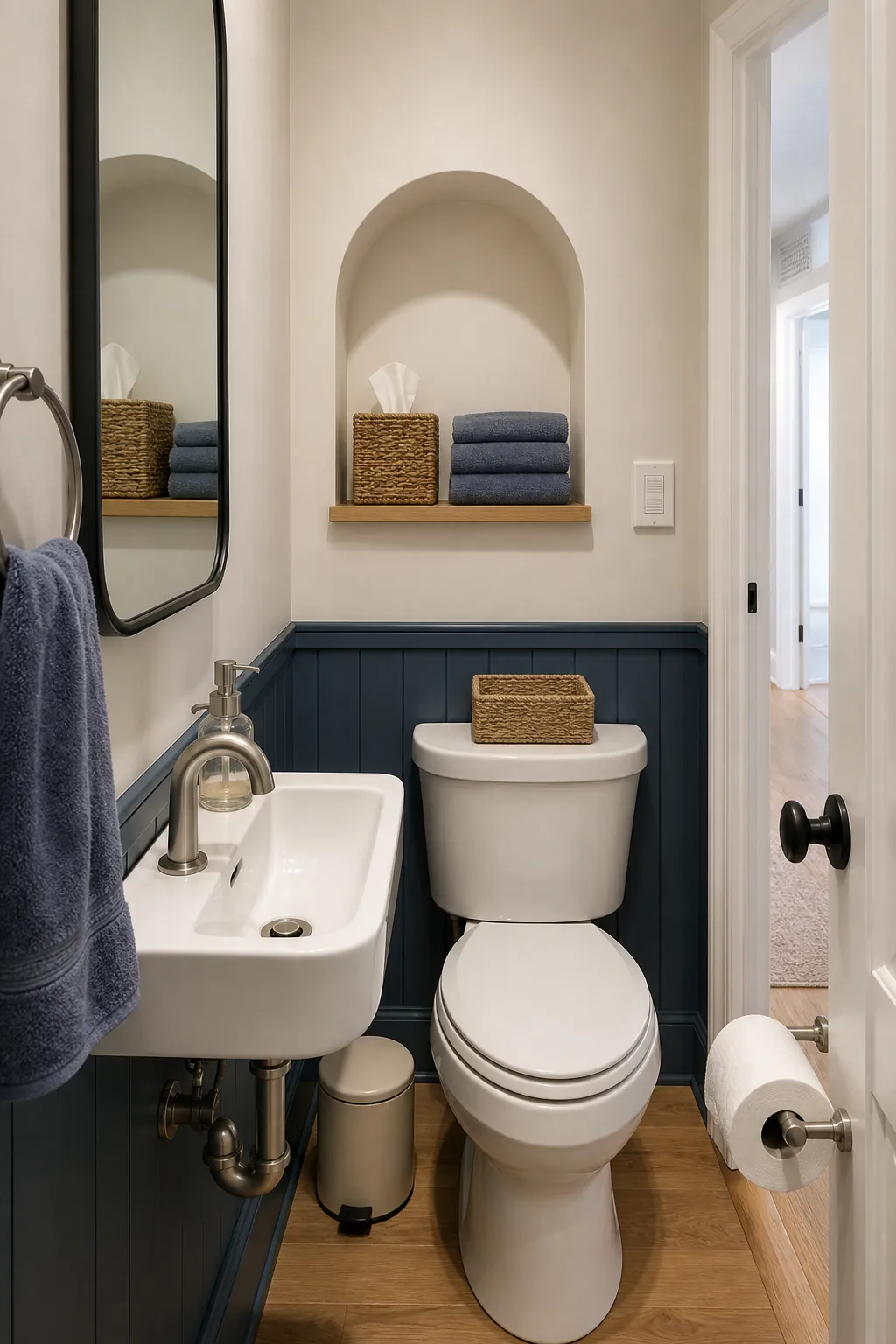 Compact elegant powder room with a tidy recessed storage niche