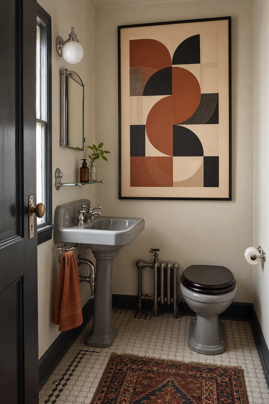 Half bath featuring one oversized geometric Art Deco poster