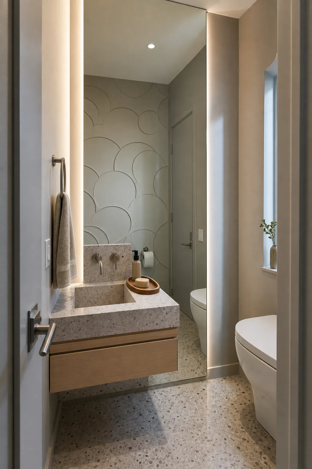 Narrow half bathroom with a full-height mirror panel behind the vanity