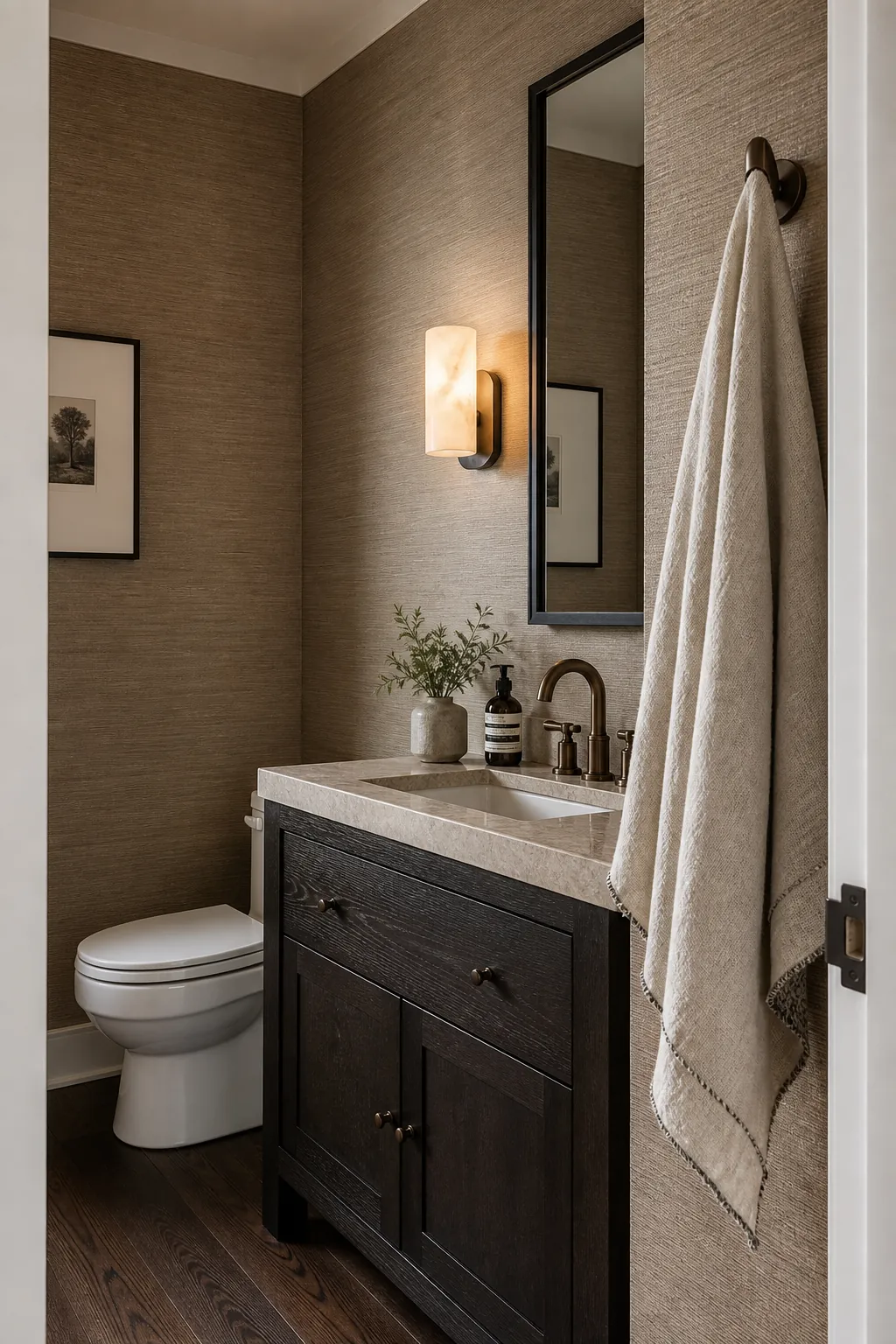 Warm elegant half bathroom with textured taupe grasscloth walls