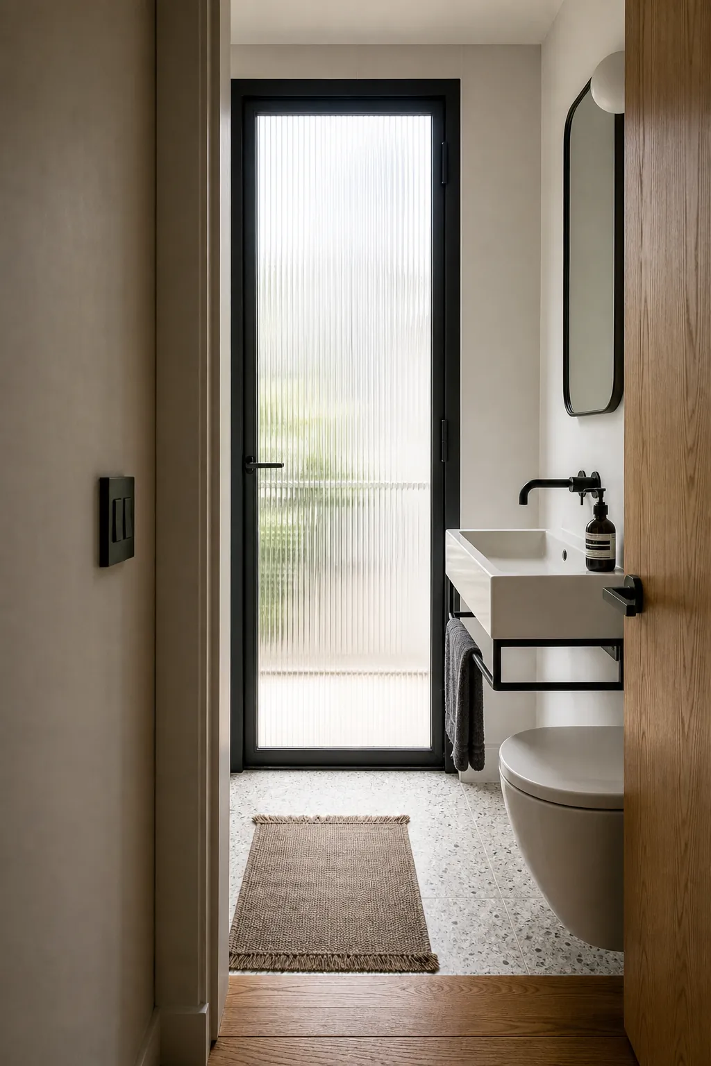 Elegant half bath entered through a fluted privacy-glass door