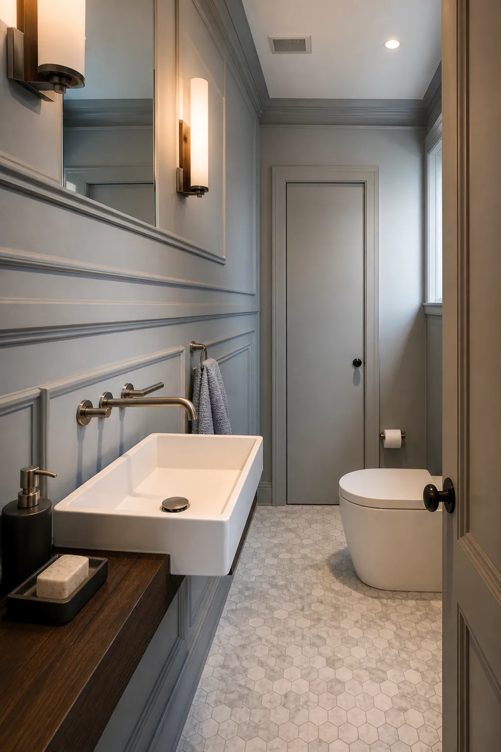Elegant half bath mixing traditional wall paneling with modern fixtures