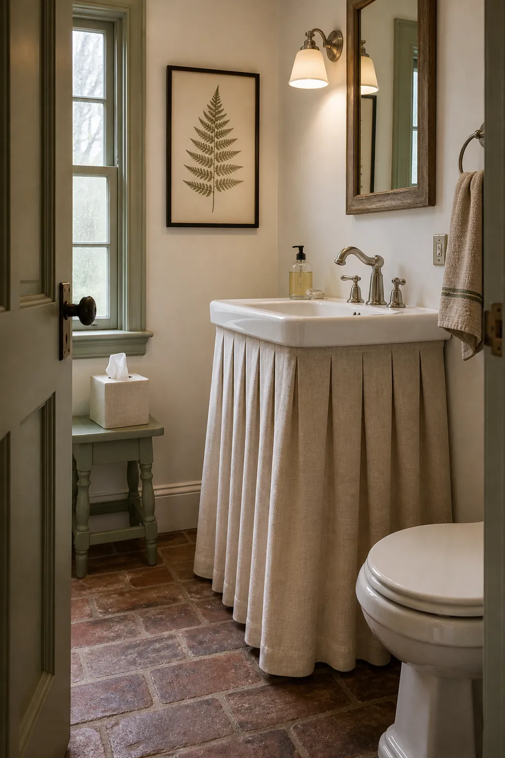 Classic elegant powder room with a tailored linen sink skirt