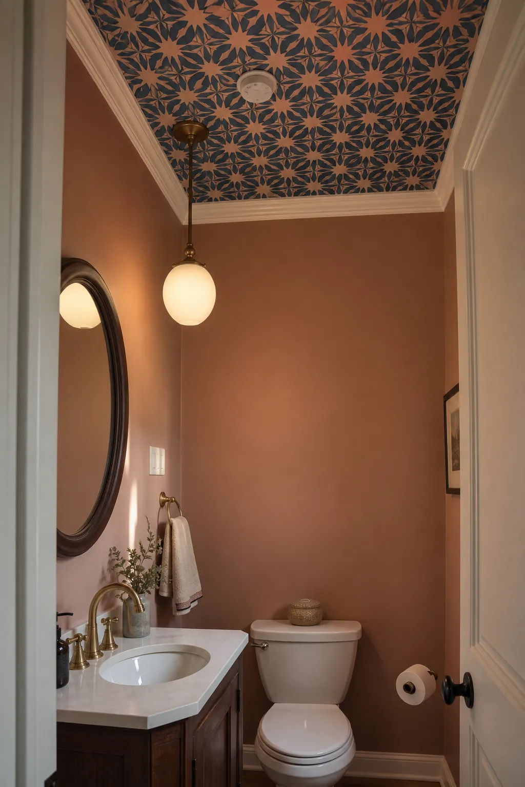 Elegant half bathroom with a geometric block-print wallpaper ceiling