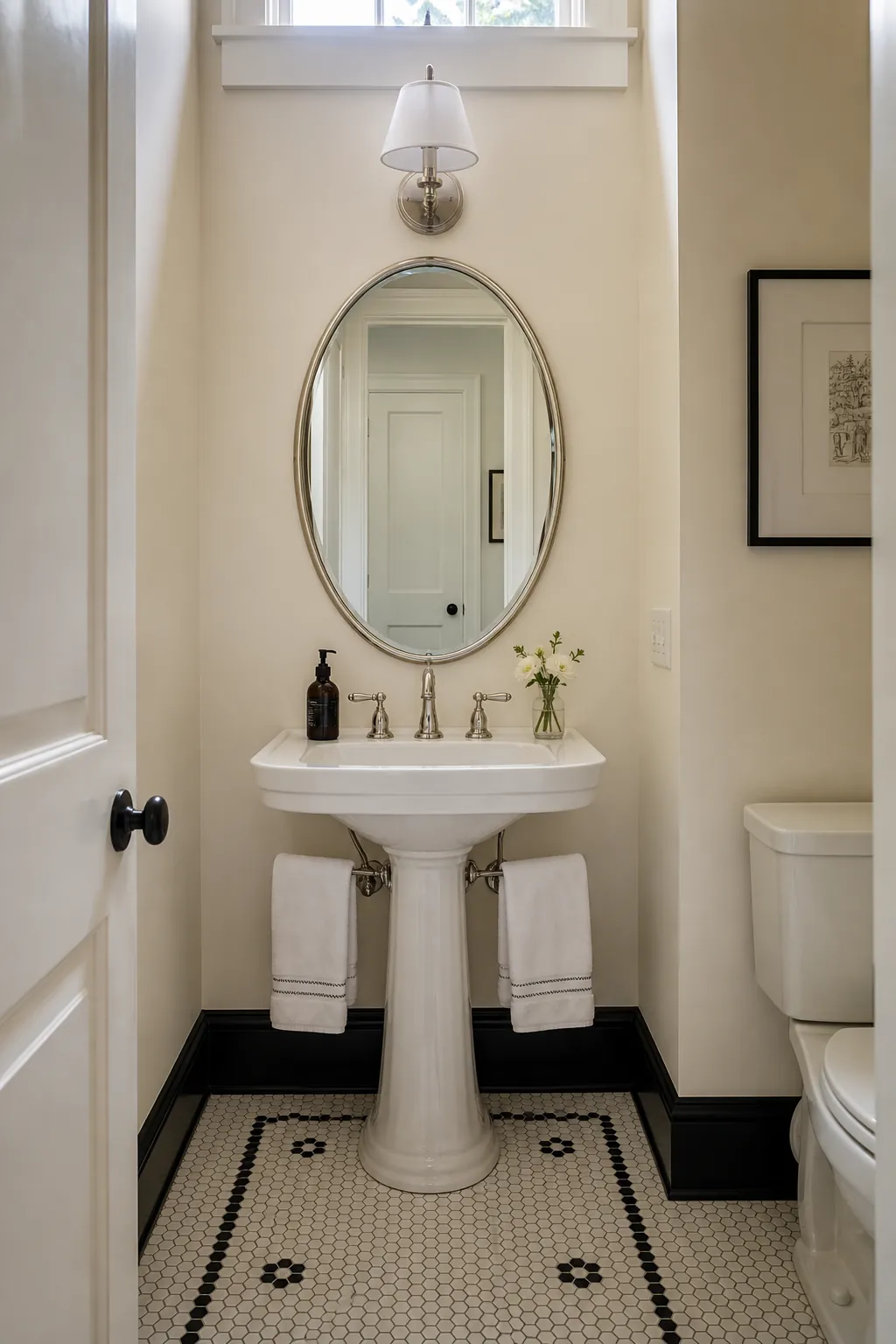 Symmetrical elegant half bath centered on a classic pedestal sink
