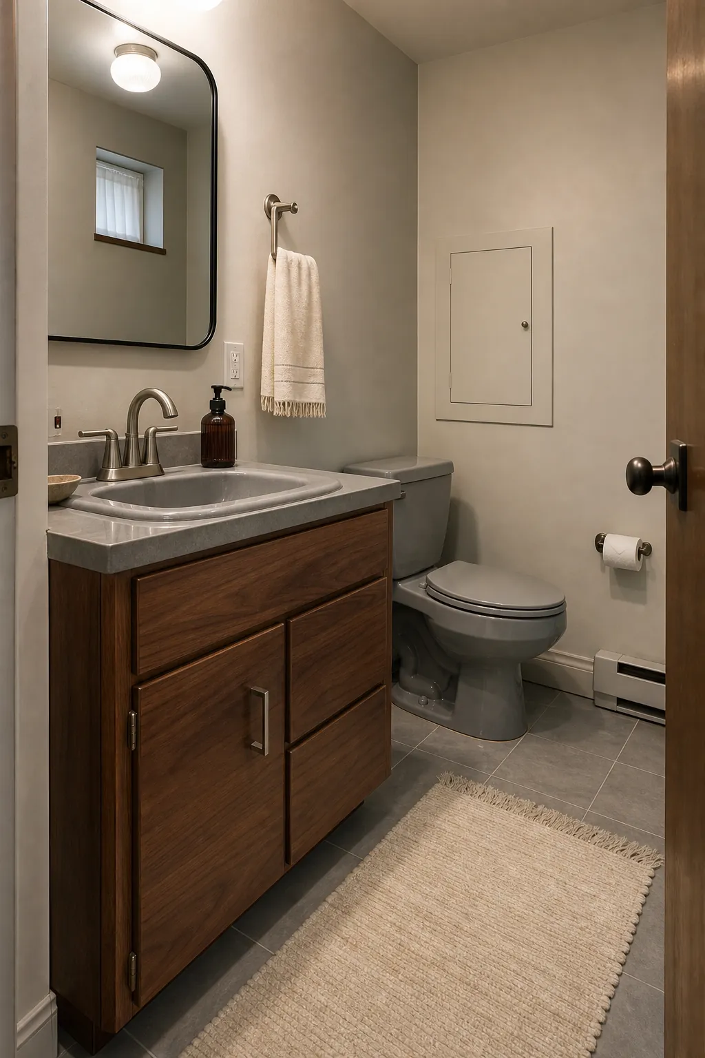 Half bath balancing cool gray fixtures with a warm walnut vanity