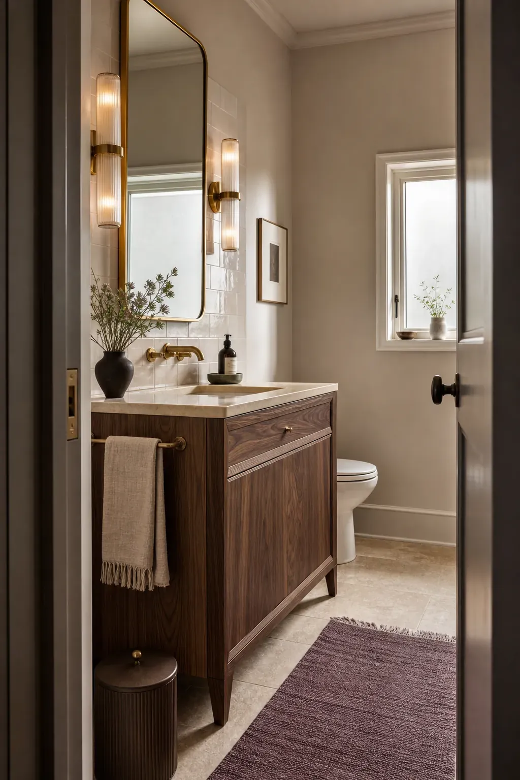 Elegant half bathroom with layered stone, walnut, brass, and soft lighting