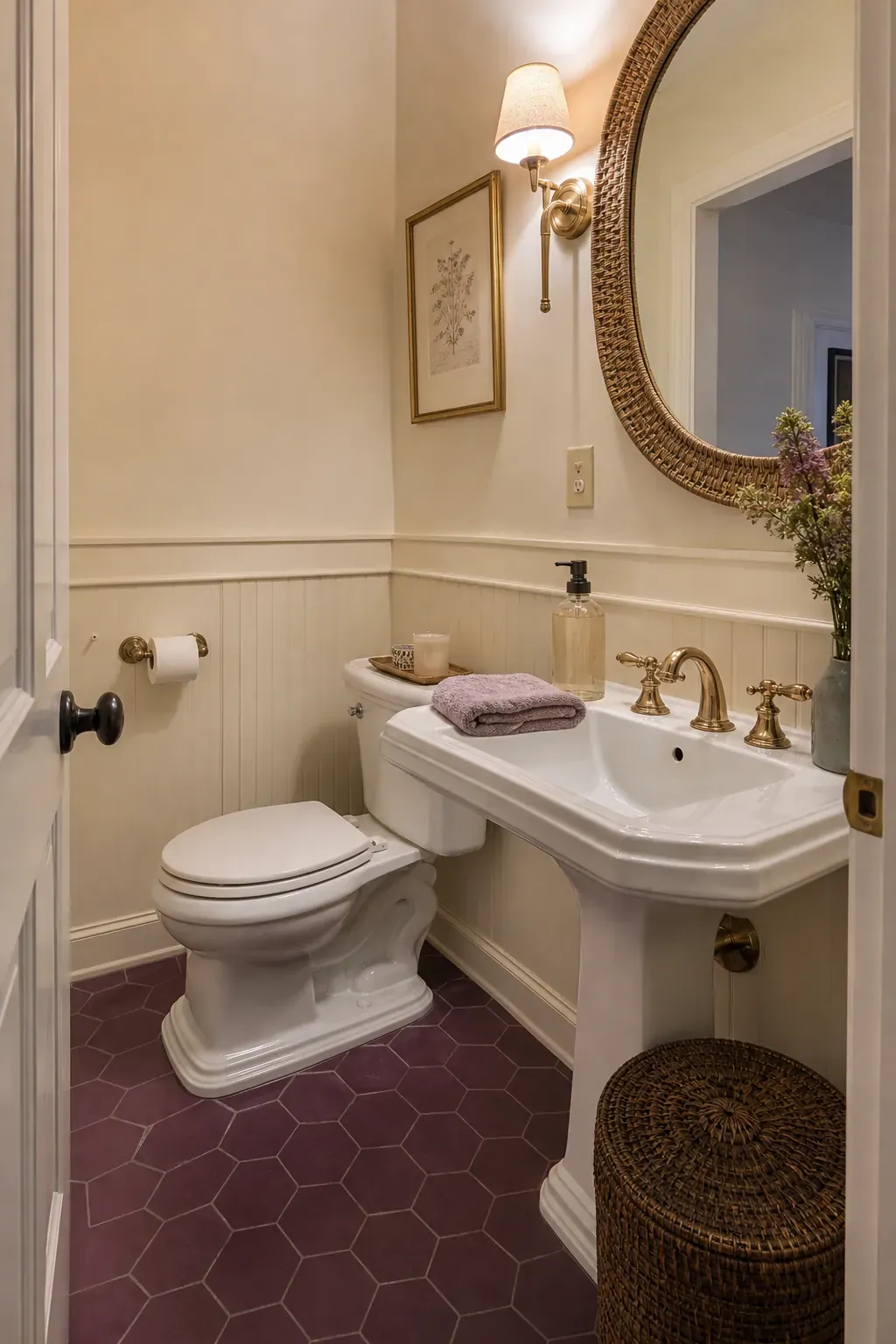 Welcoming elegant powder room prepared with refined guest essentials