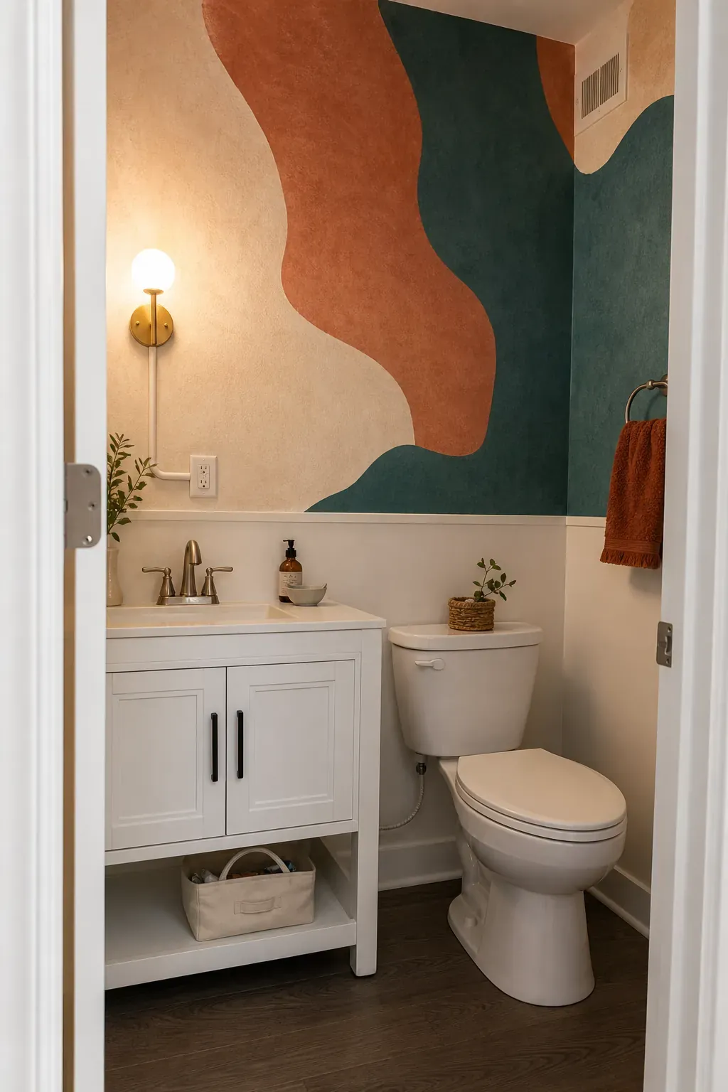Renter-friendly elegant half bath with removable patterned wallpaper