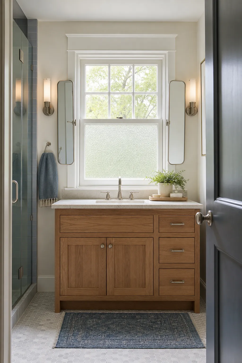 Bright bathroom window centered over a beautifully styled vanity