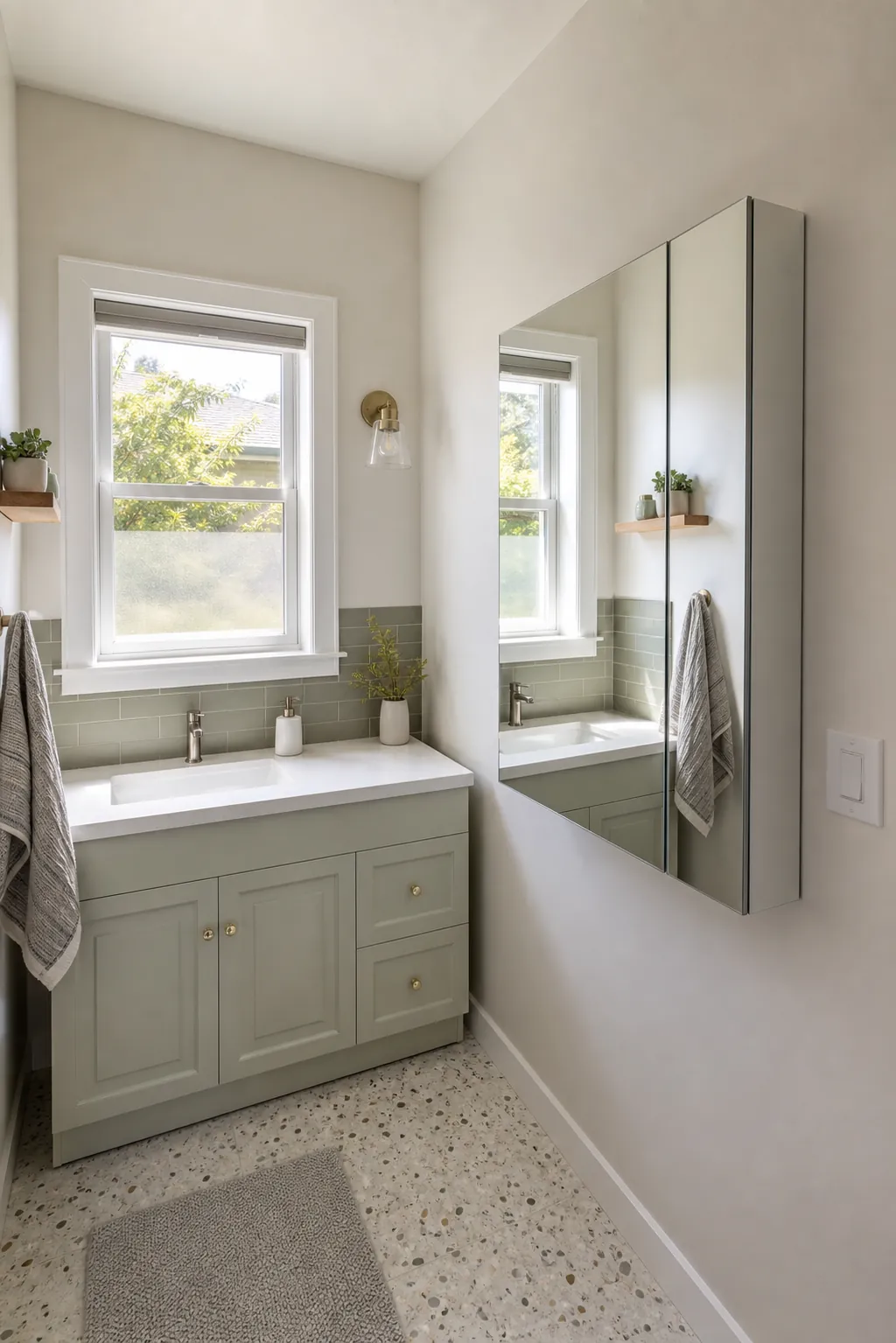 Full bathroom mirror installed on the wall next to a window vanity