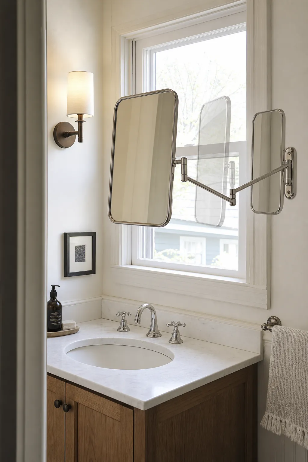 Swing-arm mirror beside a bathroom window over the vanity