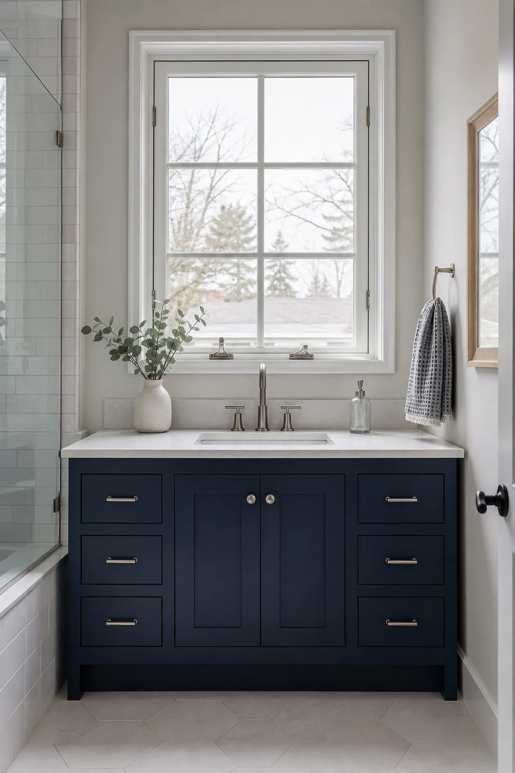 Bathroom vanity aligned neatly beneath a centered window