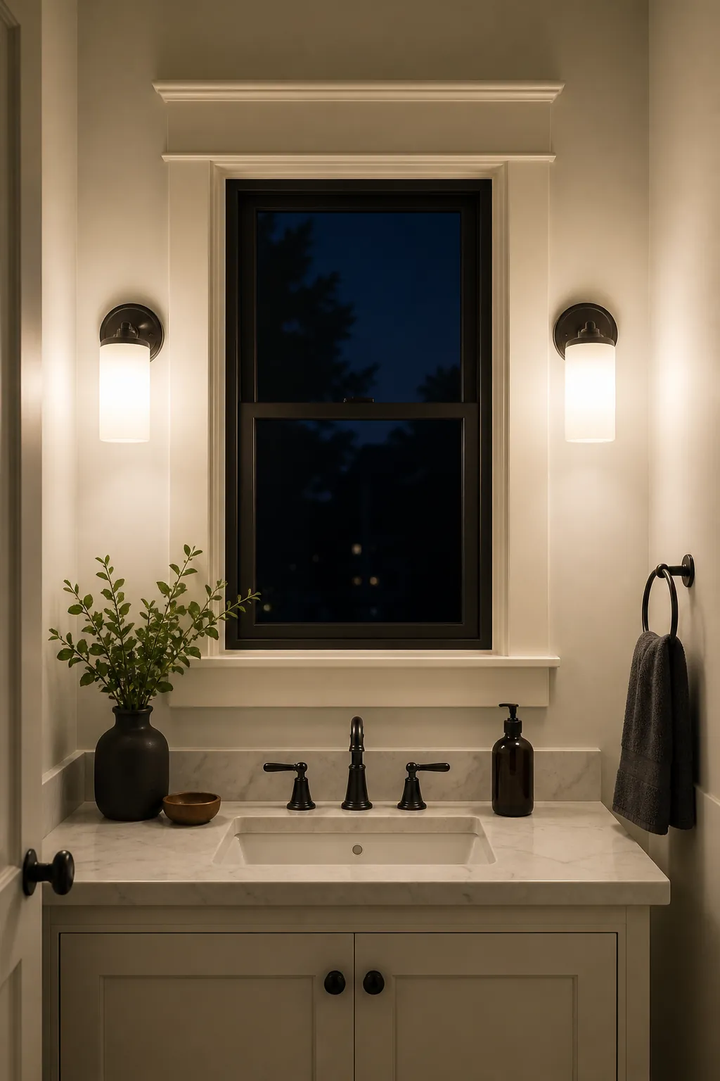 Balanced sconces flanking a window above a bathroom vanity