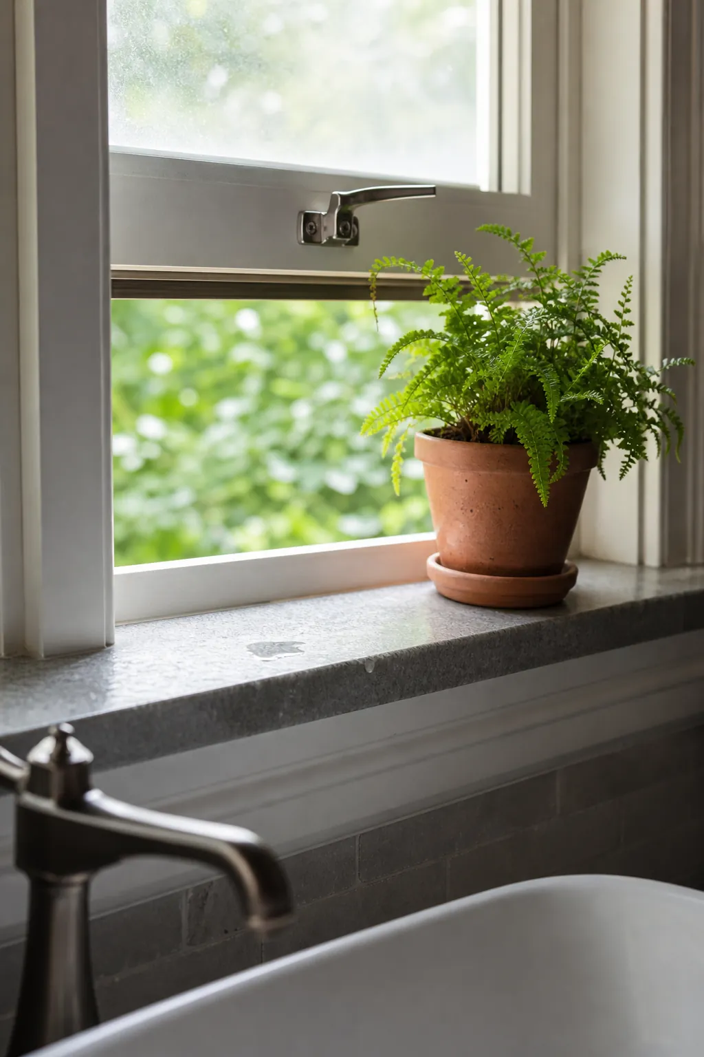 Protected bathroom window sill with one low plant above the vanity