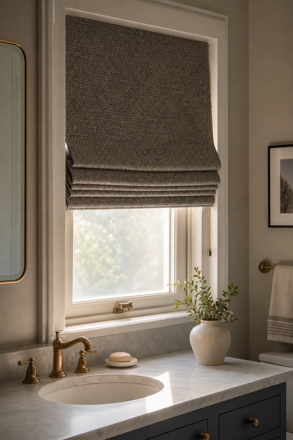 Moisture-suitable Roman shade above a bathroom vanity window