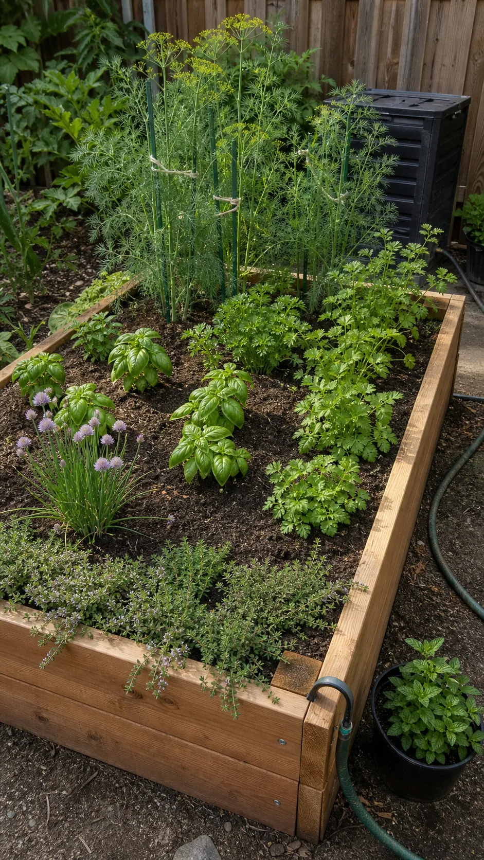 Divided cedar raised herb bed with tall herbs behind and low herbs along the front