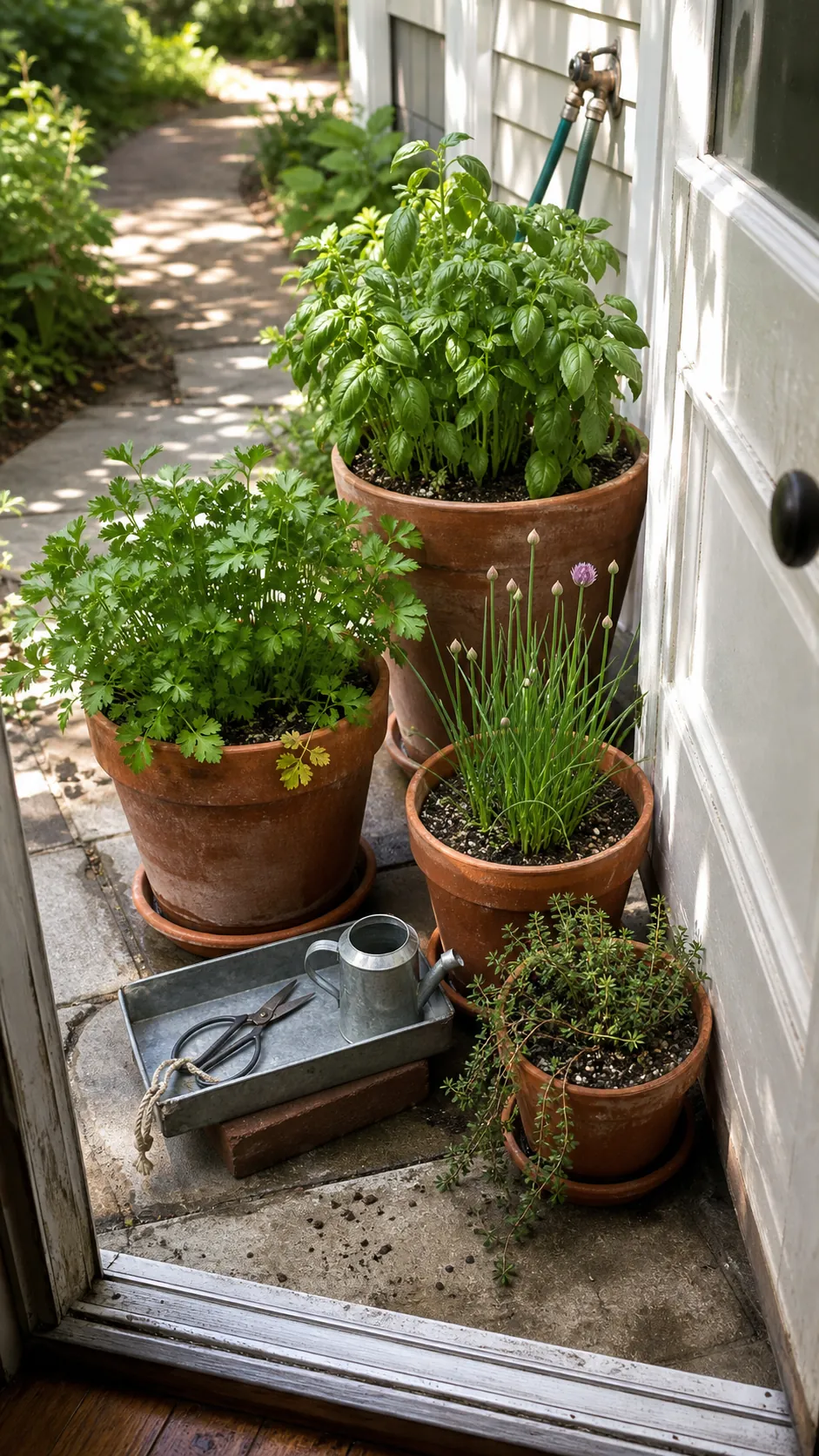 Culinary herb planters arranged beside a kitchen door for easy harvesting