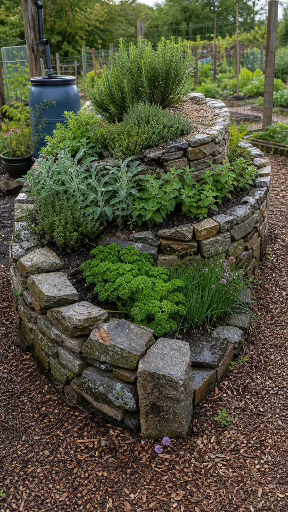 Stone herb spiral creating dry and moist planting zones in a small garden