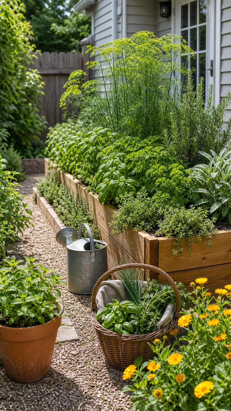 Beautiful productive herb garden with raised beds, gravel paths, pots, and thriving culinary herbs