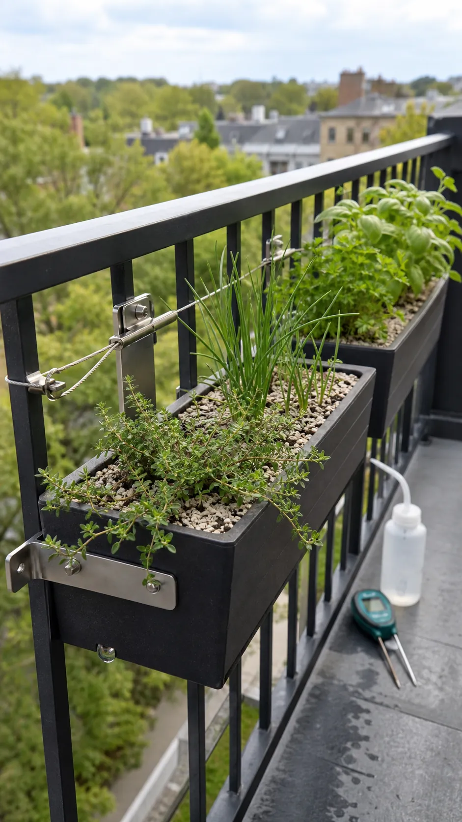 Secure balcony railing boxes planted with compact herbs and trailing thyme