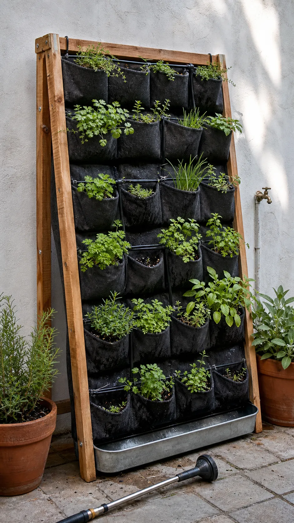 Freestanding vertical herb garden with irrigated pockets and lightweight leafy herbs