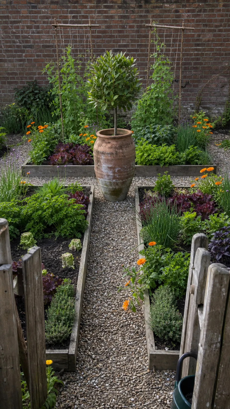 Small formal potager combining culinary herbs, lettuce, and edible flowers