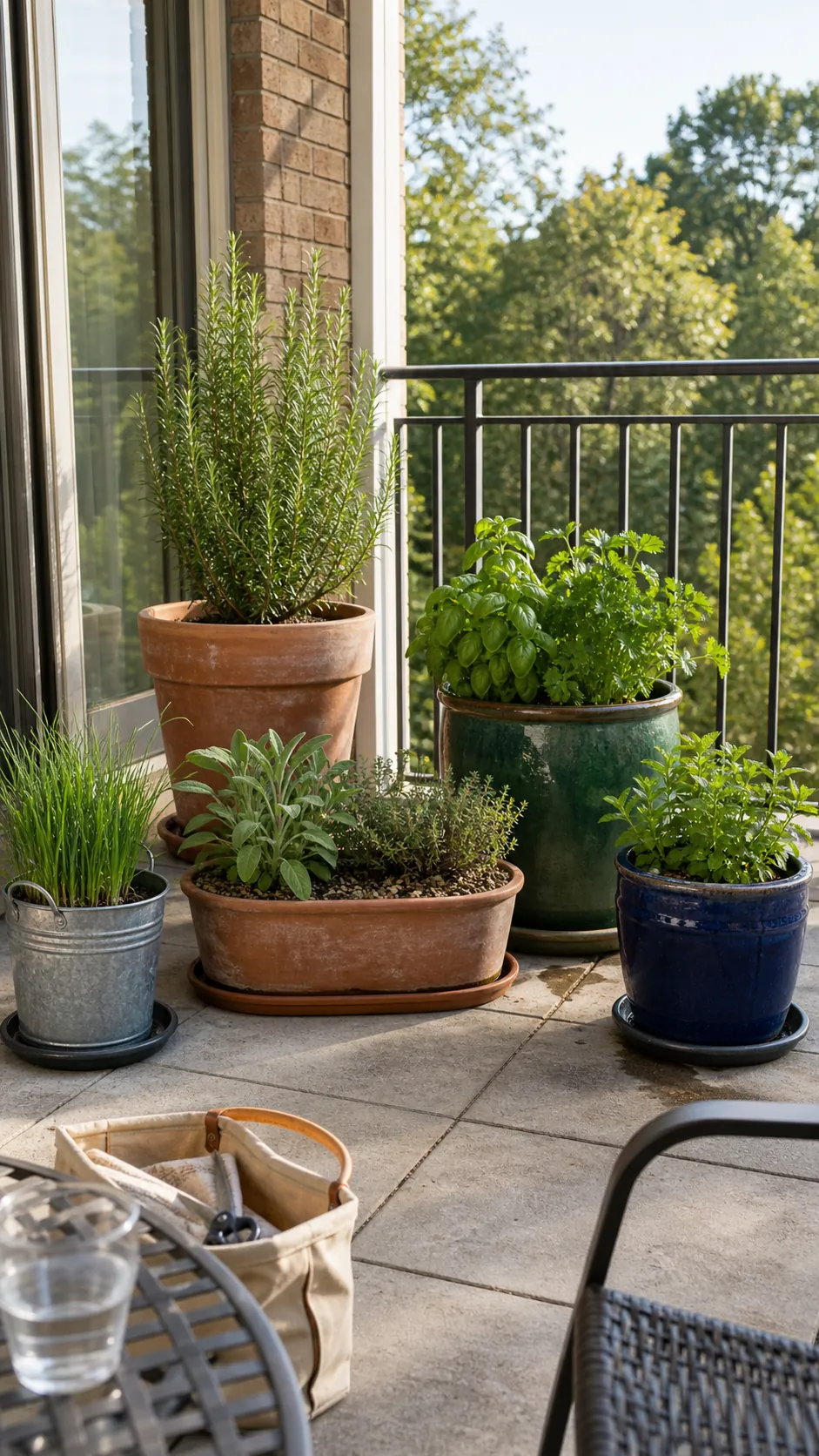 Patio herb garden arranged in large containers by sun and watering needs