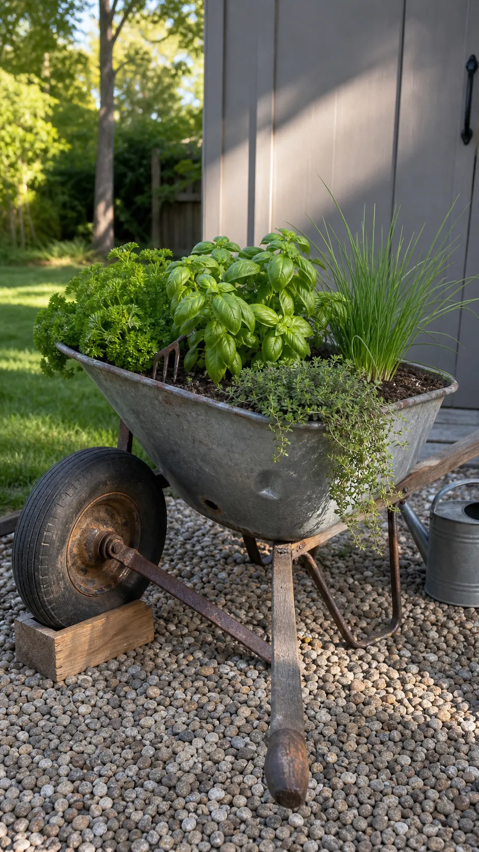 Mobile wheelbarrow herb garden planted with basil, parsley, chives, and thyme