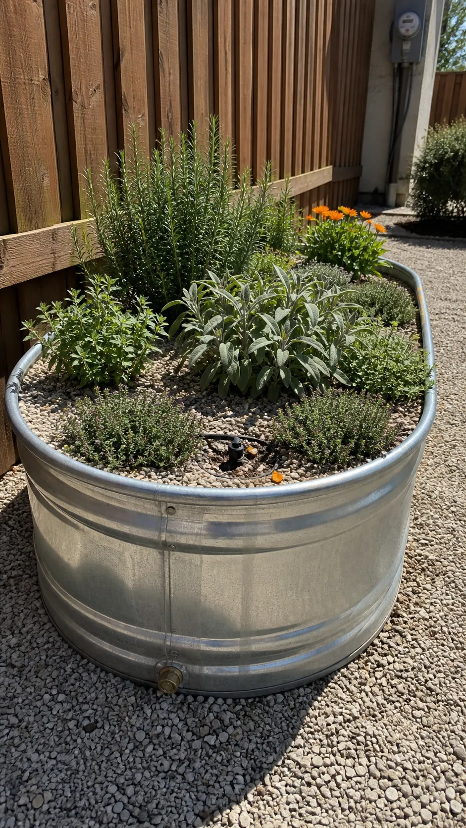 Galvanized stock tank herb garden with deep soil and drought-tolerant herbs