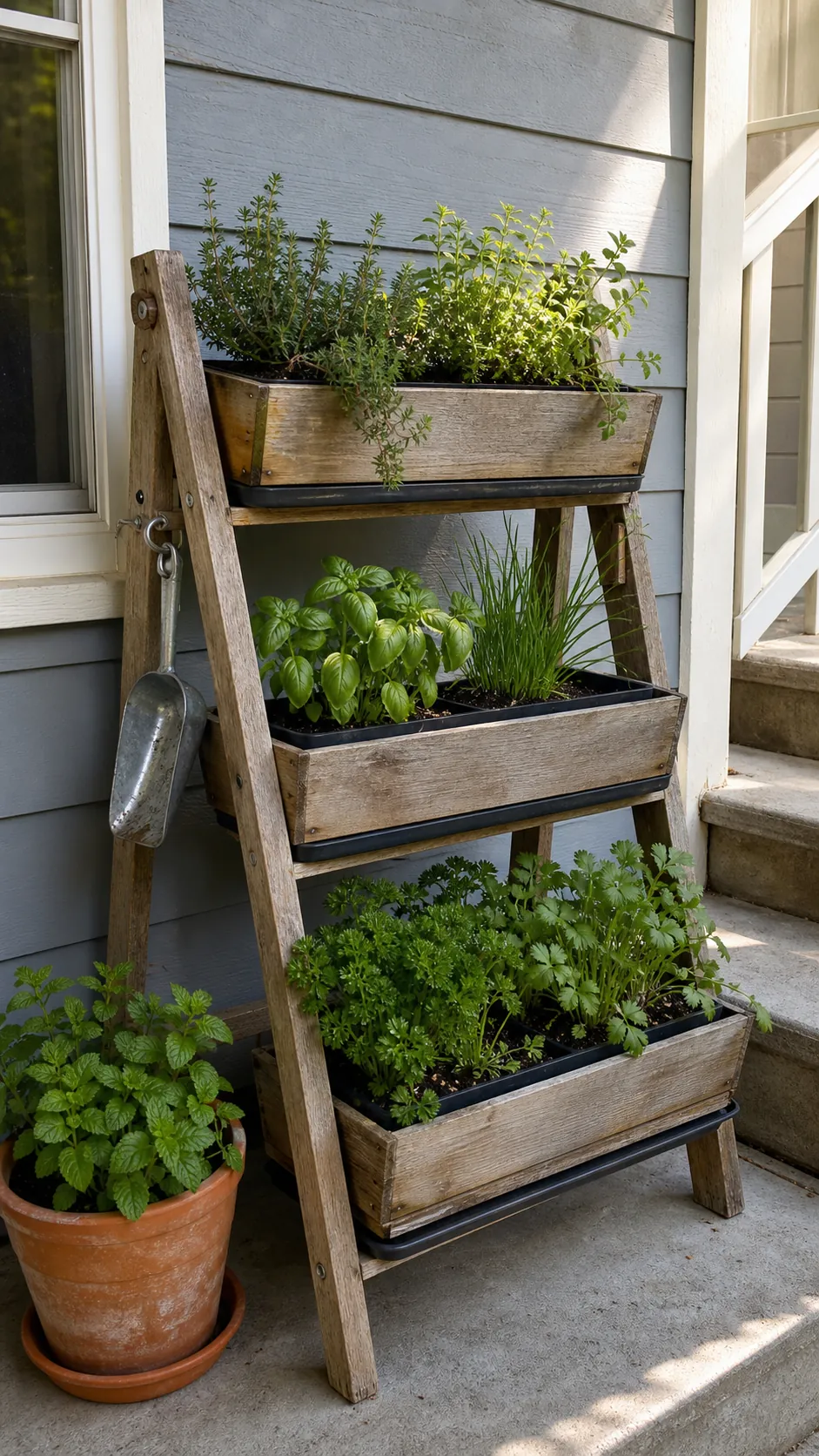 Tiered herb garden ladder with sun-loving herbs above and leafy herbs below