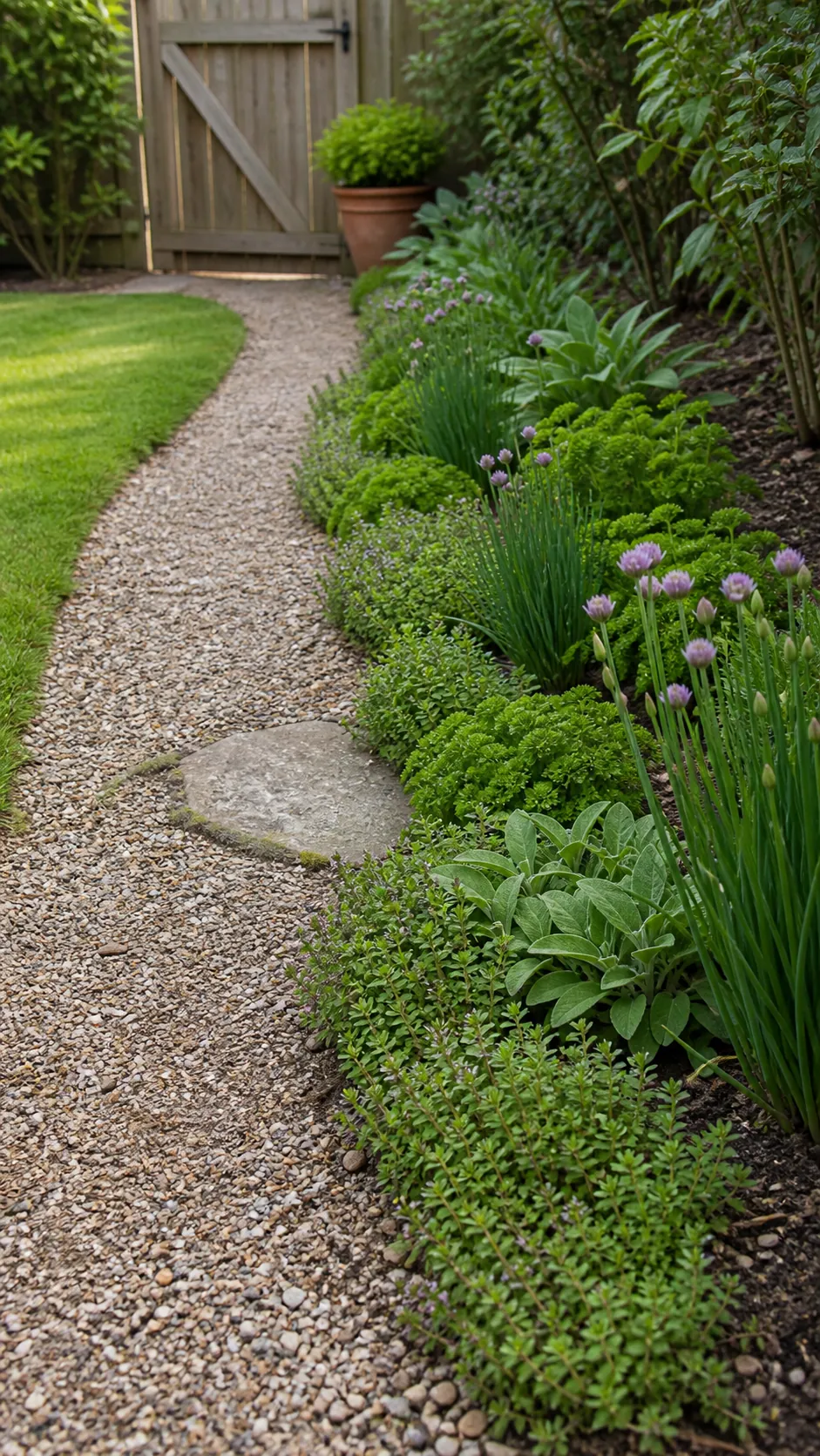 Low thyme, chives, parsley, and sage forming an edible border beside a garden path