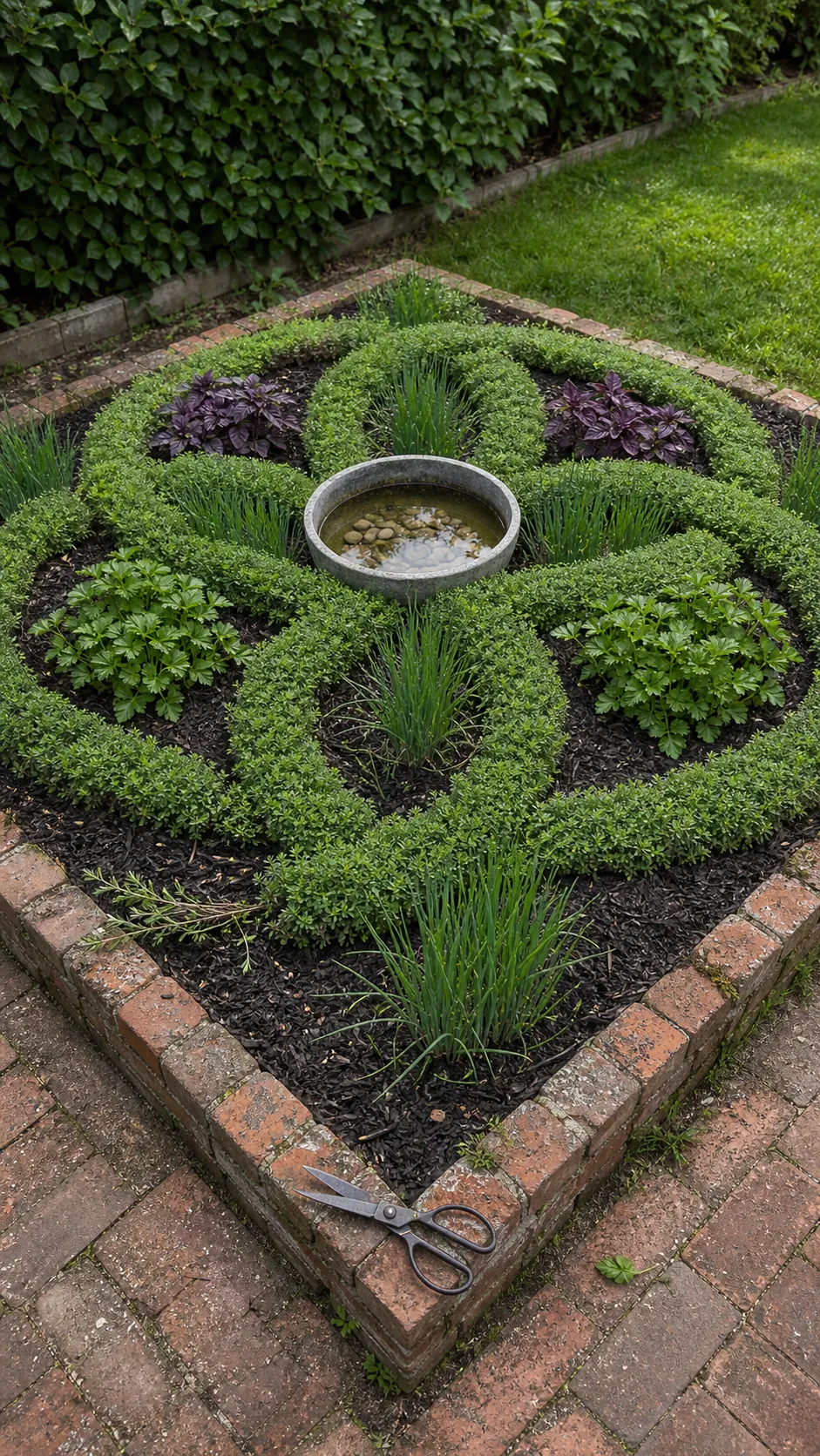 Simple herb knot garden patterned with thyme, chives, parsley, and dark mulch