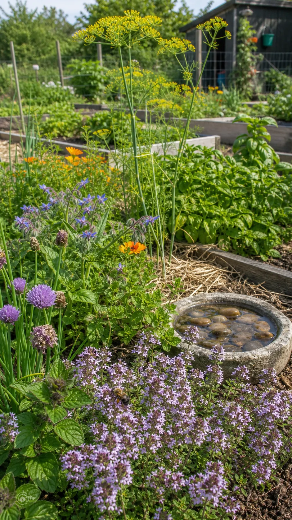 Pollinator herb garden with flowering thyme, oregano, chives, dill, and calendula