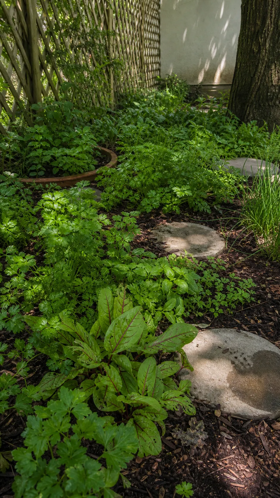 Partial-shade herb garden with parsley, chervil, cilantro, mint pot, and chives