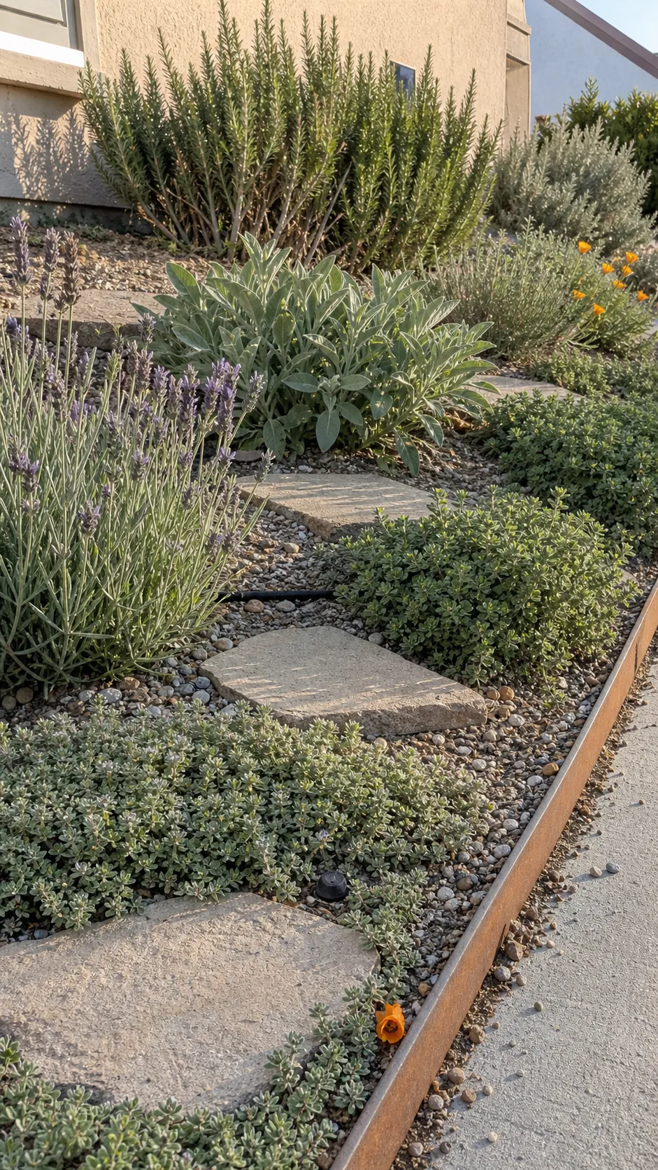 Dry Mediterranean herb garden with rosemary, lavender, sage, thyme, and gravel